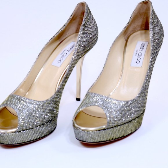 These are Jimmy Choo Metallic Gold Lamè Glitter Fabric Dahlia Platform Peep Toe - Picture 2 of 10